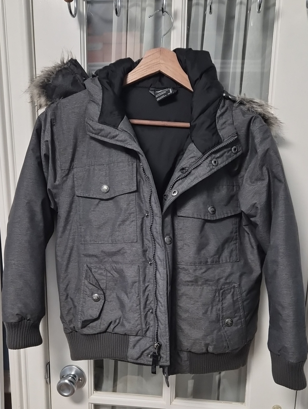 The North Face Kids Gray Hooded Puffer Jacket with Faux-Fur Trim